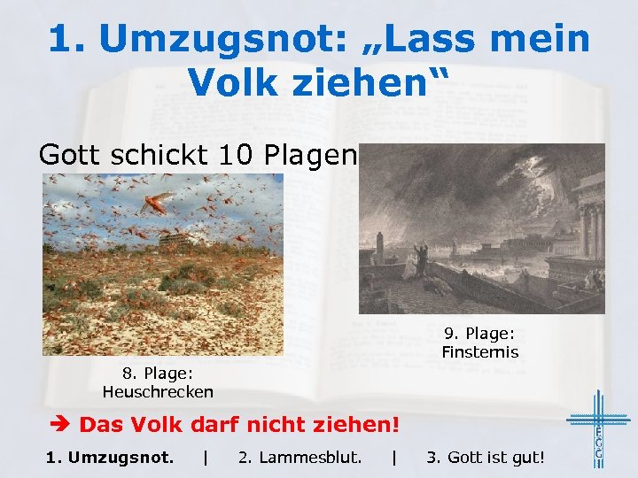 1. Umzugsnot: „Lass mein Volk ziehen“ Gott schickt 10 Plagen 9. Plage: Finsternis 8.