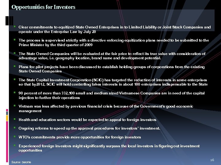 Opportunities for Investors Clear commitments to equitized State Owned Enterprises in to Limited Liability