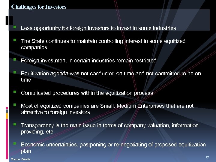 Challenges for Investors Less opportunity foreign investors to invest in some industries The State