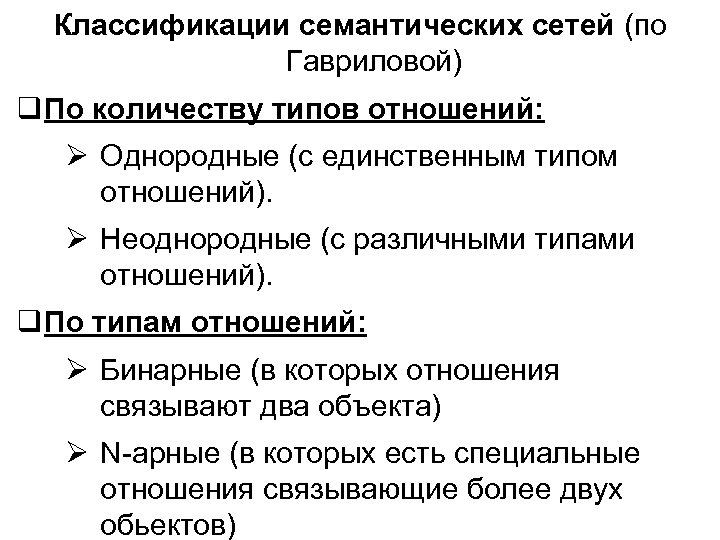 Классификации семантических сетей (по Гавриловой) По количеству типов отношений: Однородные (с единственным типом отношений).