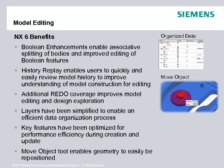 Model Editing NX 6 Benefits Organized Data § Boolean Enhancements enable associative splitting of