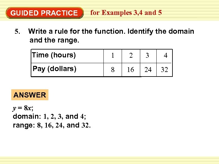 GUIDED PRACTICE 5. for Examples 3, 4 and 5 Write a rule for the