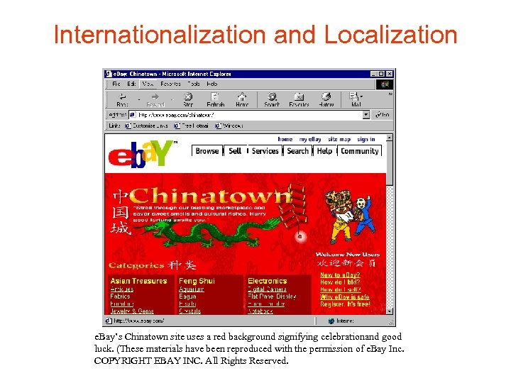 Internationalization and Localization e. Bay’s Chinatown site uses a red background signifying celebrationand good