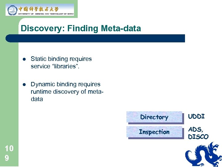 Discovery: Finding Meta-data l Static binding requires service “libraries”. l Dynamic binding requires runtime