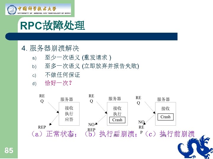RPC故障处理 4. 服务器崩溃解决 a) b) c) d) 至少一次语义 (重发请求 ) 至多一次语义 (立即放弃并报告失败) 不做任何保证 恰好一次？