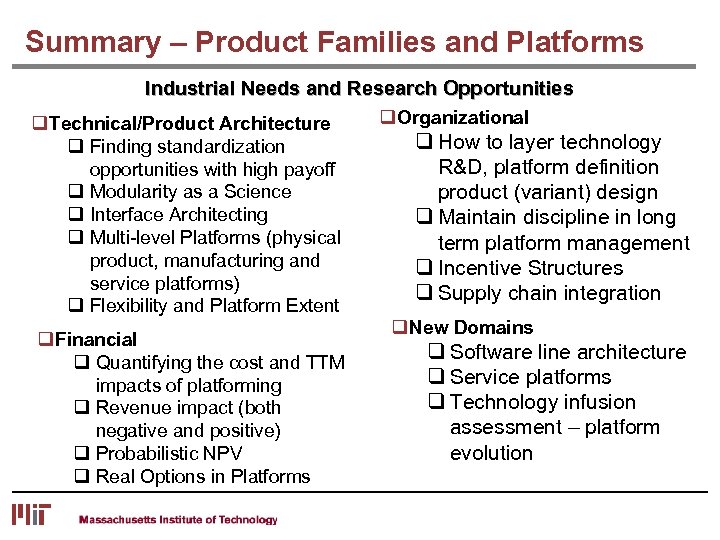 Summary – Product Families and Platforms Industrial Needs and Research Opportunities q Organizational q