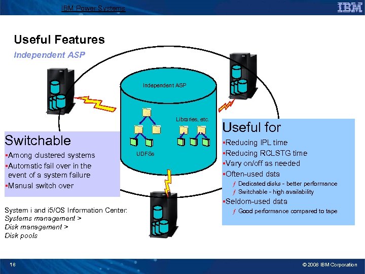 IBM Power Systems Useful Features Independent ASP Cluster Libraries, etc. Switchable §Among clustered systems