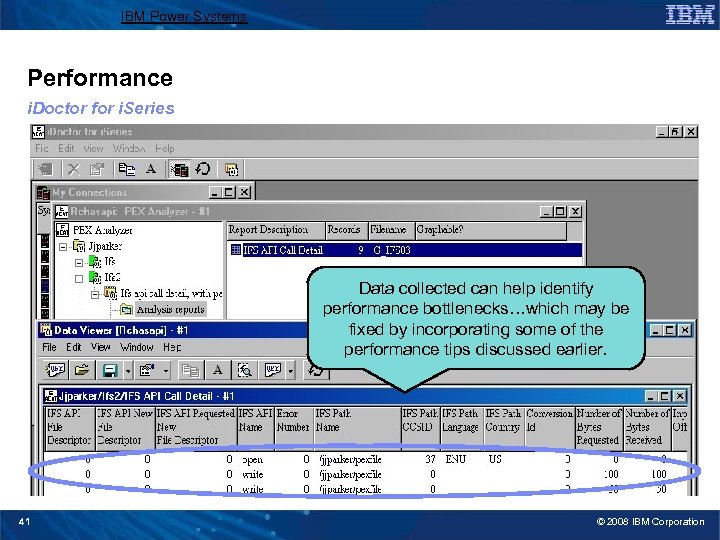 IBM Power Systems Performance i. Doctor for i. Series Data collected can help identify