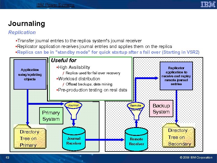 IBM Power Systems Journaling Replication §Transfer journal entries to the replica system's journal receiver