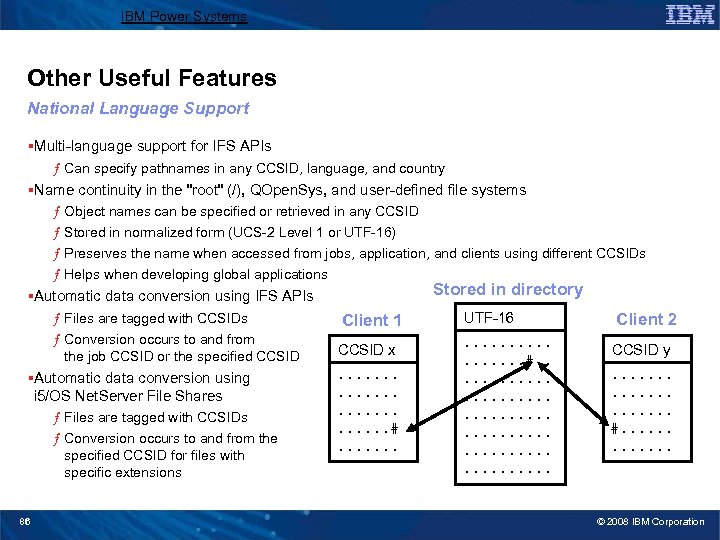 IBM Power Systems Other Useful Features National Language Support §Multi-language support for IFS APIs