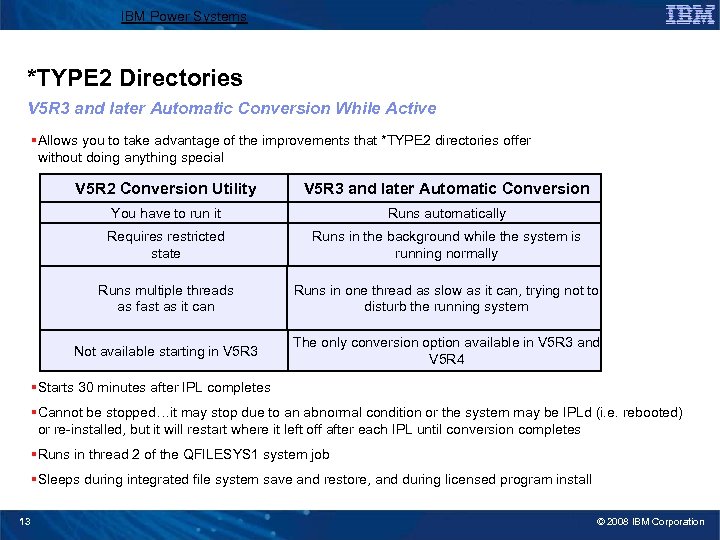 IBM Power Systems *TYPE 2 Directories V 5 R 3 and later Automatic Conversion