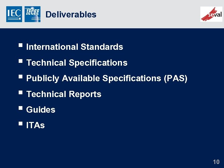 Deliverables § International Standards § Technical Specifications § Publicly Available Specifications (PAS) § Technical