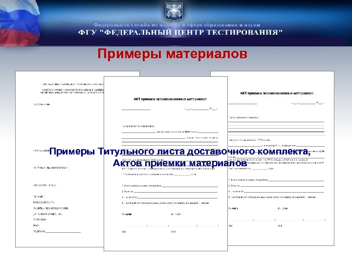 Примеры материалов Примеры Титульного листа доставочного комплекта, Актов приемки материалов 