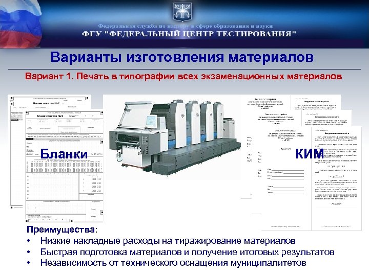 Варианты изготовления материалов Вариант 1. Печать в типографии всех экзаменационных материалов Бланки КИМ Преимущества: