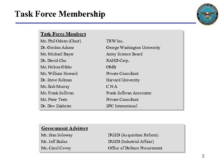 Task Force Membership Task Force Members Mr. Phil Odeen (Chair) TRW Inc. Dr. Gordon