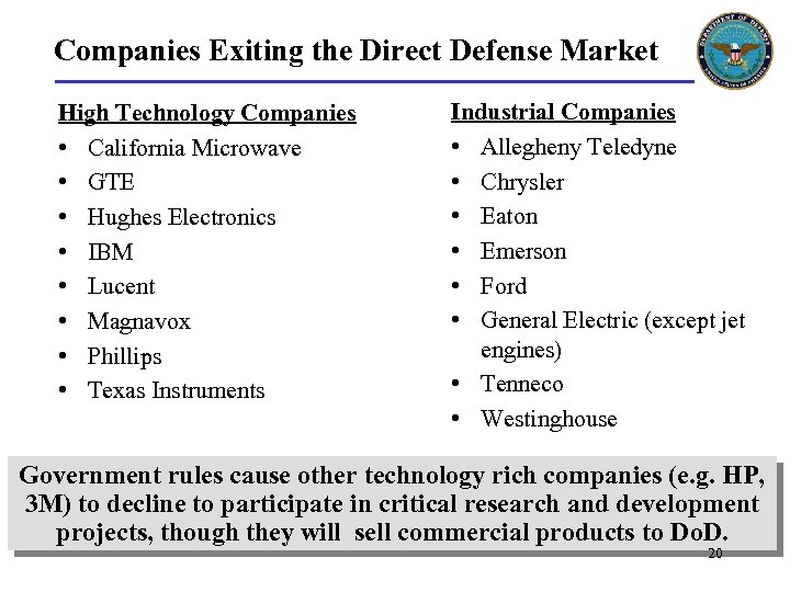 Companies Exiting the Direct Defense Market High Technology Companies • California Microwave • GTE