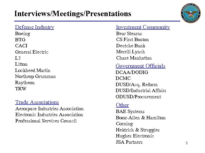 Interviews/Meetings/Presentations Defense Industry Investment Community Boeing BTG CACI General Electric L 3 Litton Lockheed