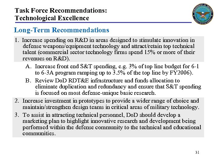 Task Force Recommendations: Technological Excellence Long-Term Recommendations 1. Increase spending on R&D in areas