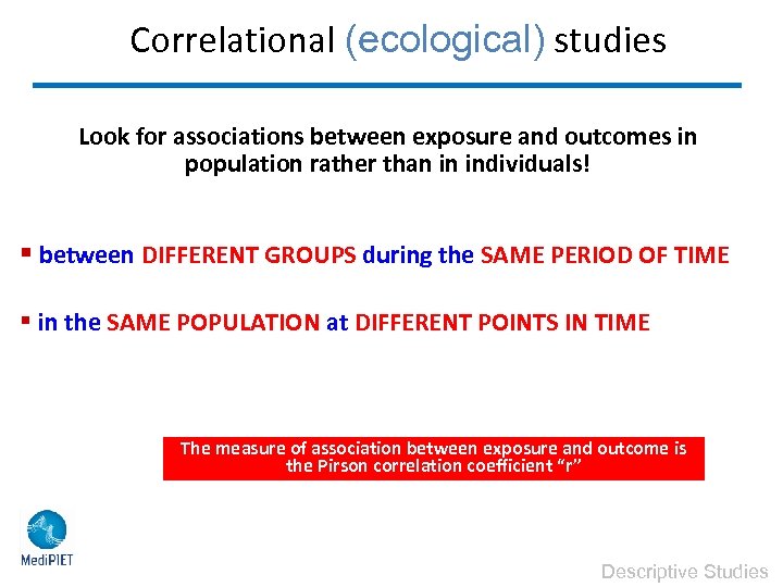 Correlational (ecological) studies Look for associations between exposure and outcomes in population rather than