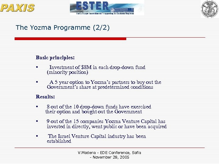 The Yozma Programme (2/2) Basic principles: • Investment of $8 M in each drop-down