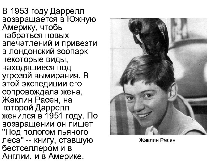 В 1953 году Даррелл возвращается в Южную Америку, чтобы набраться новых впечатлений и привезти