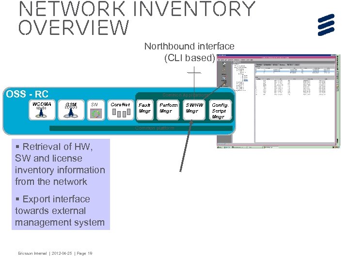 Network Inventory Overview Northbound interface (CLI based) OSS - RC WCDMA Common Applications GSM