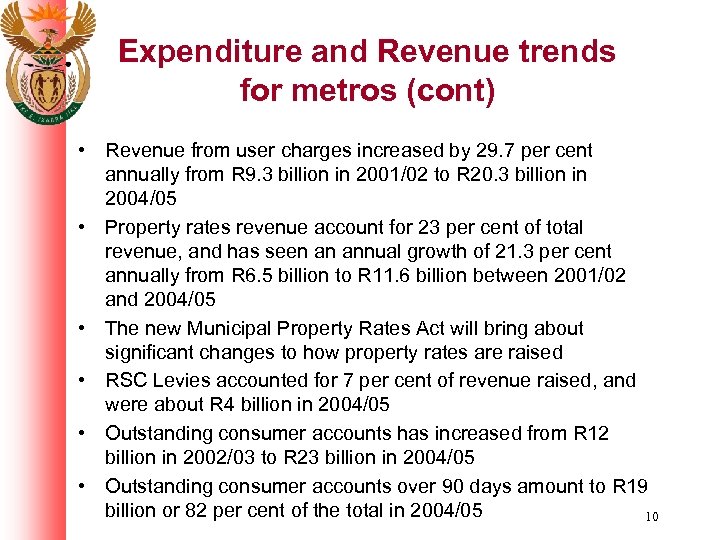 Expenditure and Revenue trends for metros (cont) • Revenue from user charges increased by