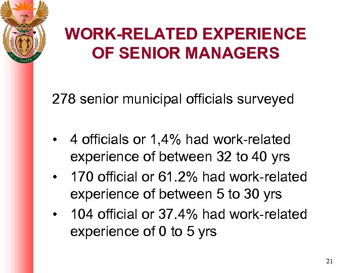 WORK-RELATED EXPERIENCE OF SENIOR MANAGERS 278 senior municipal officials surveyed • 4 officials or
