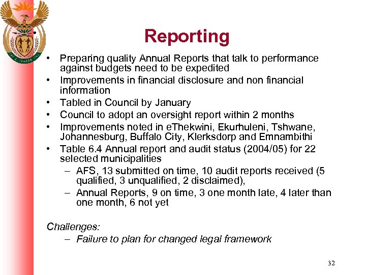 Reporting • Preparing quality Annual Reports that talk to performance against budgets need to