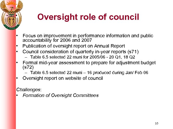 Oversight role of council • Focus on improvement in performance information and public accountability