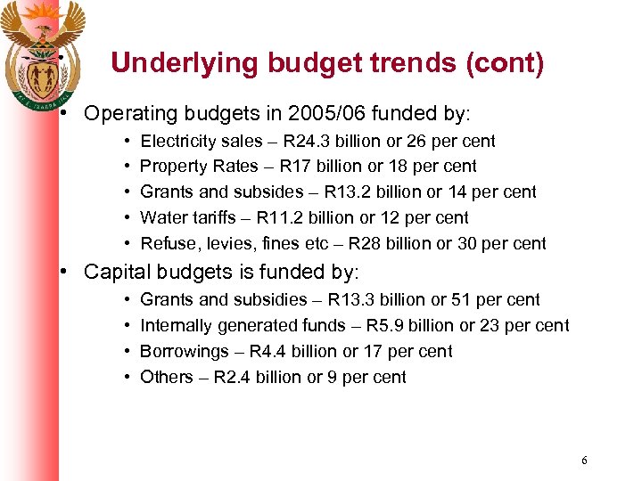 Underlying budget trends (cont) • Operating budgets in 2005/06 funded by: • • •