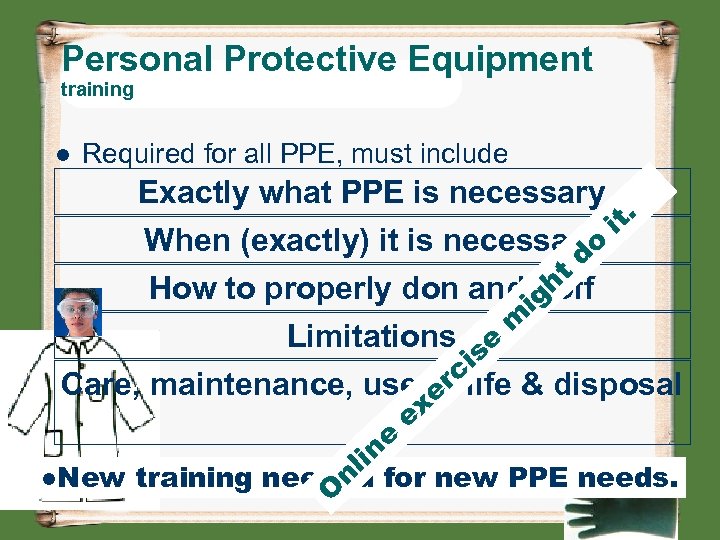 Personal Protective Equipment training l Required for all PPE, must include Exactly what PPE