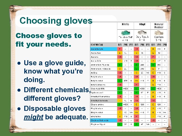 Choosing gloves Choose gloves to fit your needs. l l l Use a glove