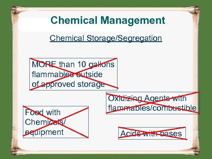 Chemical Management Chemical Storage/Segregation MORE than 10 gallons flammables outside of approved storage Food