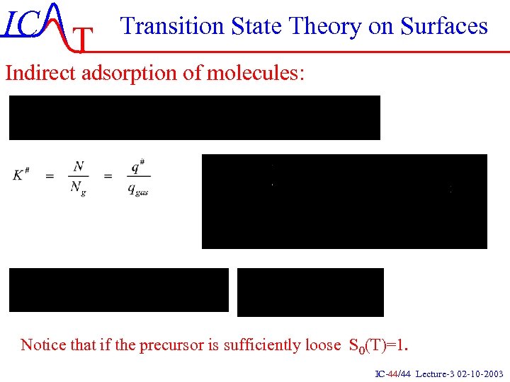 IC T Transition State Theory on Surfaces Indirect adsorption of molecules: Notice that if