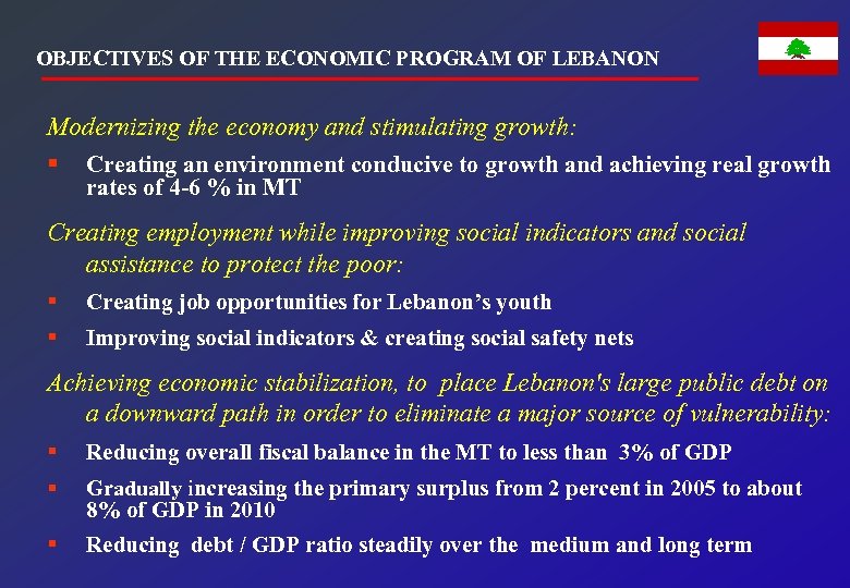 OBJECTIVES OF THE ECONOMIC PROGRAM OF LEBANON Modernizing the economy and stimulating growth: §