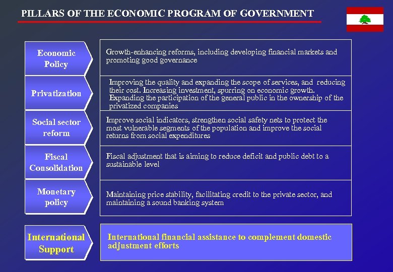 PILLARS OF THE ECONOMIC PROGRAM OF GOVERNMENT Economic Policy Privatization Growth-enhancing reforms, including developing