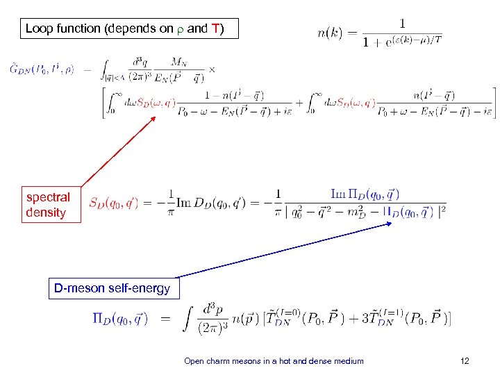 Loop function (depends on and T) spectral density D-meson self-energy Open charm mesons in