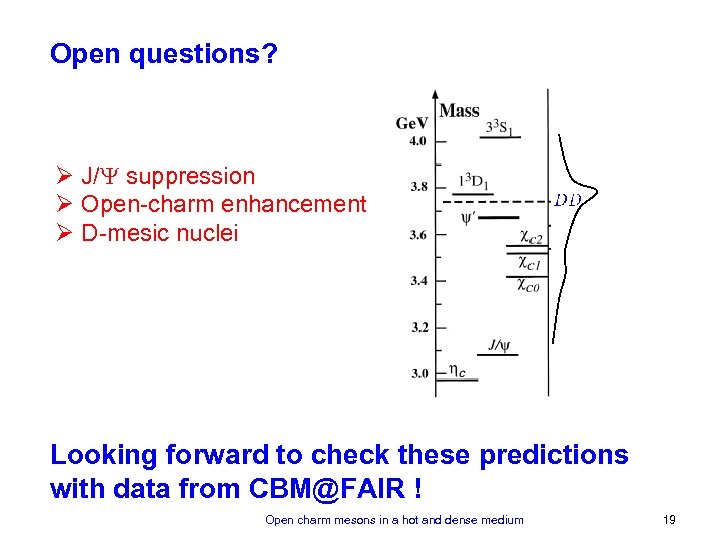 Open questions? Ø J/ suppression Ø Open-charm enhancement Ø D-mesic nuclei Looking forward to