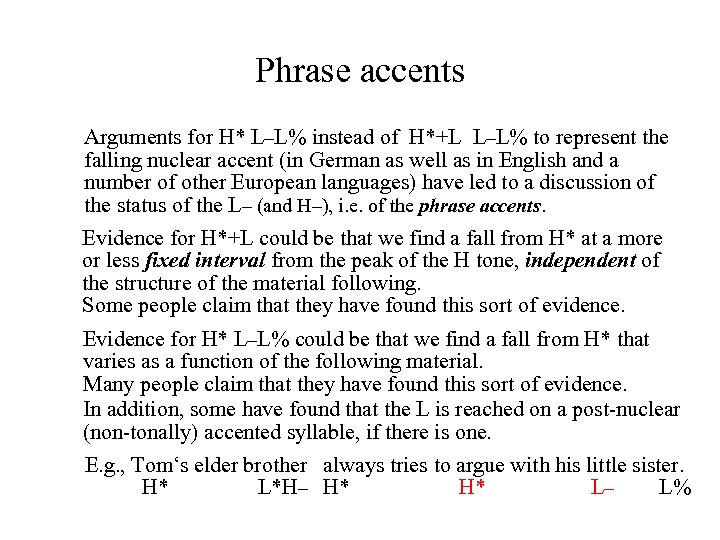 Phrase accents Arguments for H* L–L% instead of H*+L L–L% to represent the falling