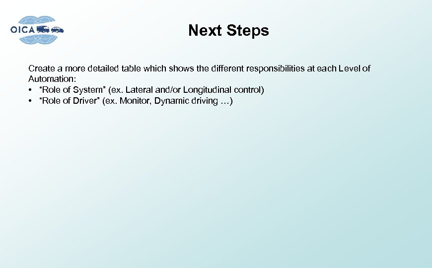 Next Steps Create a more detailed table which shows the different responsibilities at each