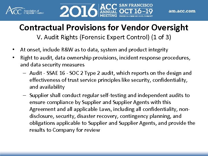 Contractual Provisions for Vendor Oversight V. Audit Rights (Forensic Expert Control) (1 of 3)