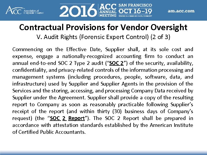 Contractual Provisions for Vendor Oversight V. Audit Rights (Forensic Expert Control) (2 of 3)