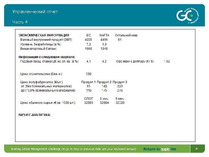 Управленческий отчет Часть 4 Briefing Global Management Challenge (to go to next or previous