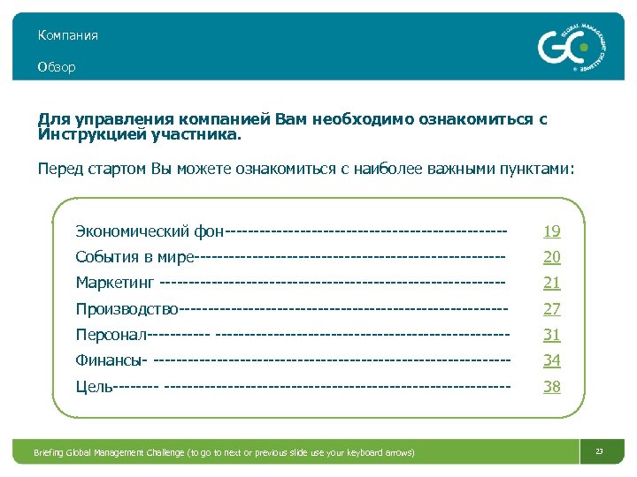 Компания Обзор Для управления компанией Вам необходимо ознакомиться с Инструкцией участника. Перед стартом Вы