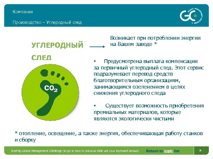 Компания Производство – Углеродный след УГЛЕРОДНЫЙ СЛЕД Возникает при потреблении энергии на Вашем заводе