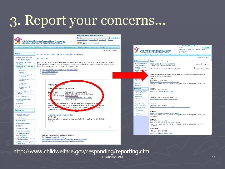 3. Report your concerns. . . http: //www. childwelfare. gov/responding/reporting. cfm H. Johnson/MSU 14
