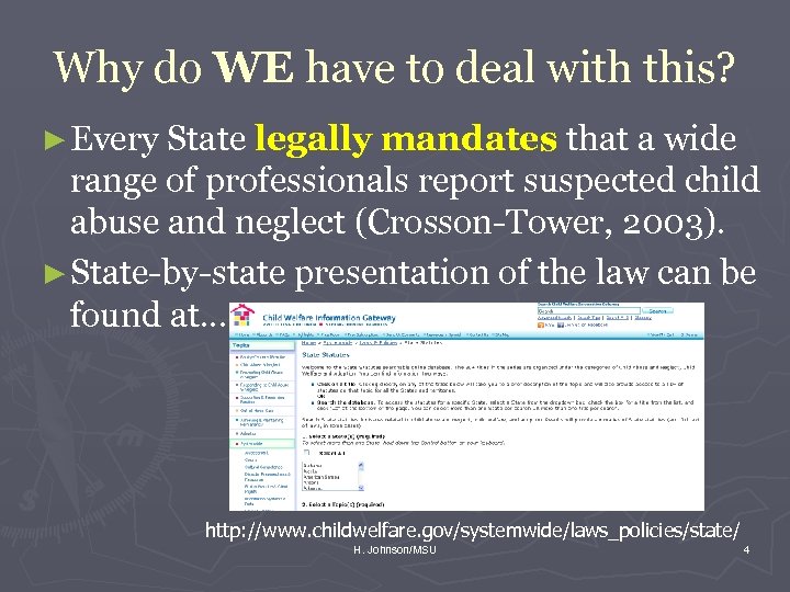 Why do WE have to deal with this? ► Every State legally mandates that