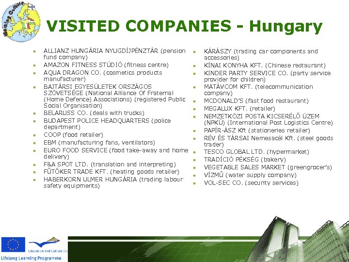 VISITED COMPANIES - Hungary n n n ALLIANZ HUNGÁRIA NYUGDÍJPÉNZTÁR (pension fund company) AMAZON