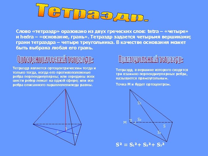 Слово «тетраэдр» оразовано из двух греческих слов: tetra – «четыре» и hedra – «основание,